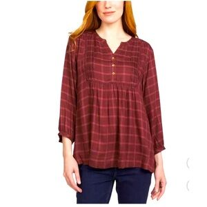 SOLD-WRANGLER Ladies' Brown Plaid Blouse 3/4 Bracelet Sleeves Sz L